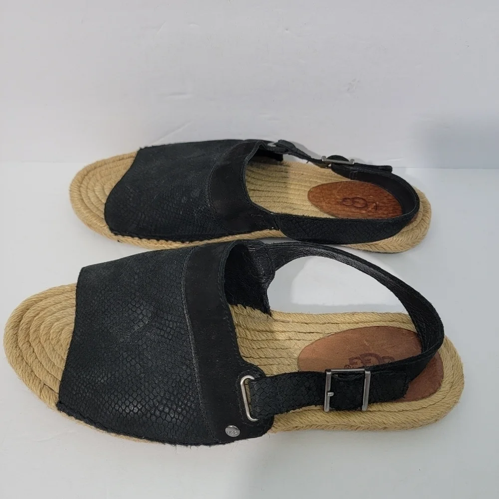 UGG Isadora Black Leather Snakeskin Slink Back Espadrille Sandals Women Sz 5.5